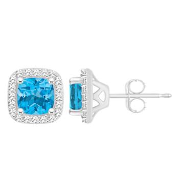 5mm Cushion Blue Topaz 1/5 ctw Diamond Rhodium Over Sterling Silver Halo
Stud Earrings