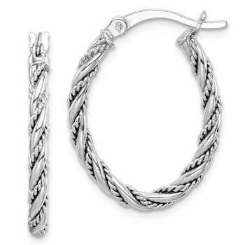 Rhodium Over Sterling Silver 2.5mm Twisted Oval Hoop Earrings