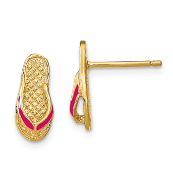 14k Yellow Gold 3D with Fuschia Enamel Single Flip-Flop Stud Earrings
