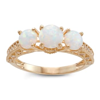 Lab Created Round Opal and White Sapphire 3-Stone Filigree 10K Yellow
Gold Ring 1.10ctw