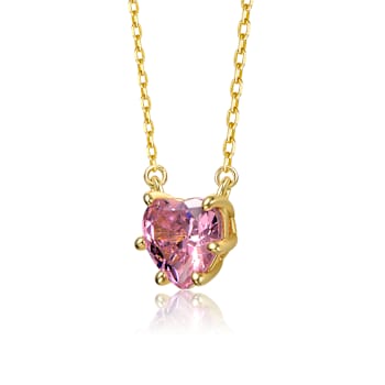 Pink CZ Heart Solitaire Pendant In 14K Gold Over Brass