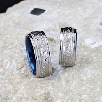 MARINER Titanium Milgrain Engraved Finish Men 's Wedding Ring with Blue
Plating Inside 8mm