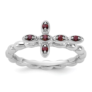 Rhodium Over Sterling Silver Stackable Expressions Cross Garnet Ring 0.14ctw