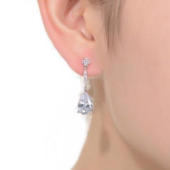 Pear Shape CZ Halo Drop Earrings In Sterling Silver