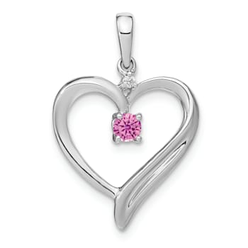 Rhodium Over 14k White Gold Lab Created Pink Sapphire and Diamond Heart Pendant
