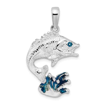 Rhodium Over Sterling Silver Enameled Jumping Bass Fish Pendant