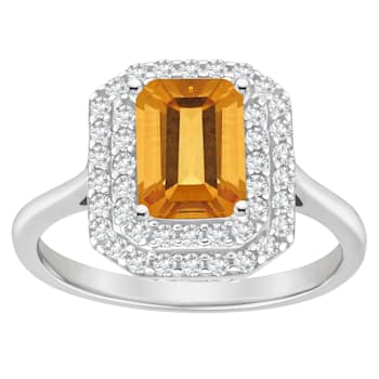 8x6mm Emerald Cut Citrine And White Topaz Accents Rhodium Over Sterling
Silver Double Halo Ring