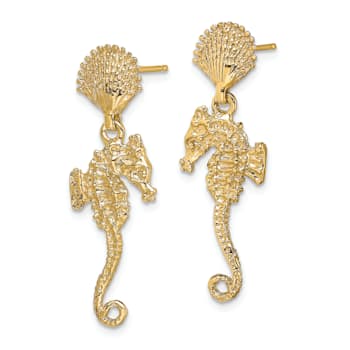 14k Yellow Gold Textured Shell and Seahorse Dangle Earrings