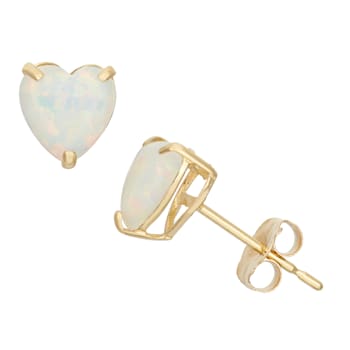 Lab Created Opal Heart Shape 10K Yellow Gold Stud Earrings, 0.66ctw