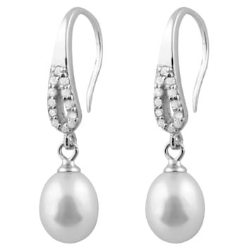 7-8mm White Cultured Freshwater Pearl and Cubic Zirconia Rhodium Over
Sterling Silver Earrings