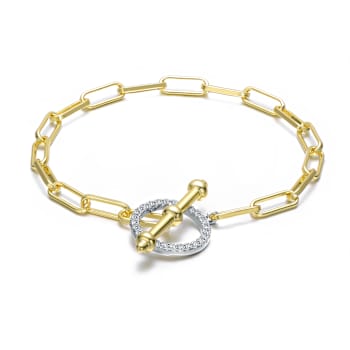 Two-Tone CZ Link Bracelet In 14K Gold Over Brass