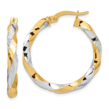 14k Yellow Gold and Rhodium Over 14k Yellow Gold Polished Diamond-Cut 1
1/16" Twisted Hoop Earrings