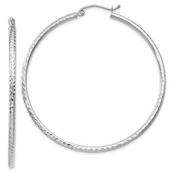 Rhodium Over 14k White Gold Diamond-Cut 1 15/16" Round Tube Hoop Earrings