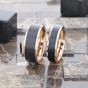 STEPHEN Rose Gold Plated Black Titanium Flat Brushed Wedding Ring With
Beveled Polished Edges 8mm