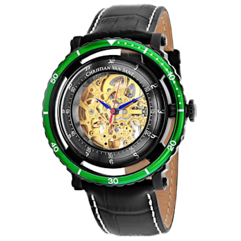 Christian Van Sant Men's Dome Yellow Skeleton Dial, Green Bezel, Black
Leather Strap Watch