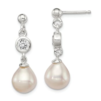 Sterling Silver Polished Freshwater Cultured Pearl and CZ Post Dangle Earrings