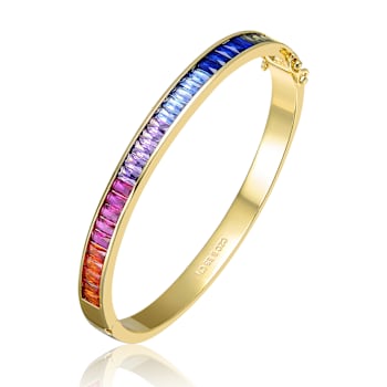 Multi-Color CZ Rectangle Bangle Bracelet In 14K Gold Over Brass