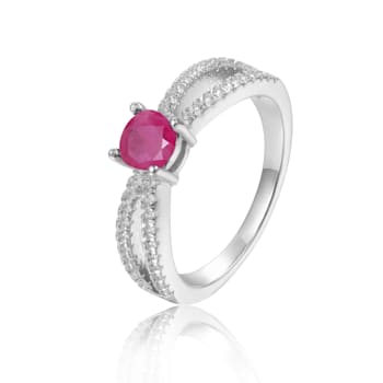 Round Ruby with White Sapphire Accents Sterling Silver Split Shank Ring, 0.60ctw