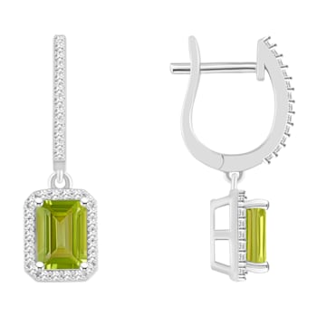 7x5mm Emerald Cut Peridot 1/3 ctw Diamond Rhodium Over Sterling Silver
Halo Dangle Earrings