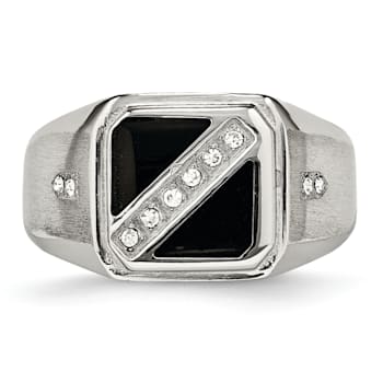 White Cubic Zirconia And Black Enamel Stainless Steel Men's Ring