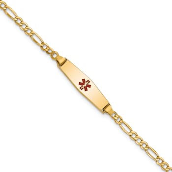 14k Yellow Gold Medical Soft Diamond Shape Red Enamel Figaro Link ID Bracelet