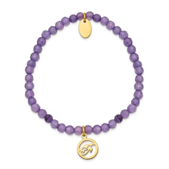 Yellow Stainless Steel Polished Eye of Horus Purple Jade Stretch Bracelet