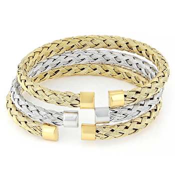 Two-Tone Woven Cuff Bracelet Set Of 3 6.7mm