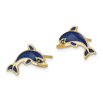 14k Yellow Gold Blue and White Enameled Dolphin Stud Earrings
