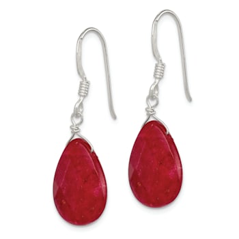 Sterling Silver Polished Faceted Red Jadeite Teardrop Dangle Earrings