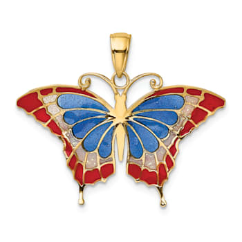 14k Yellow Gold Multi-Color Enameled Butterfly Pendant