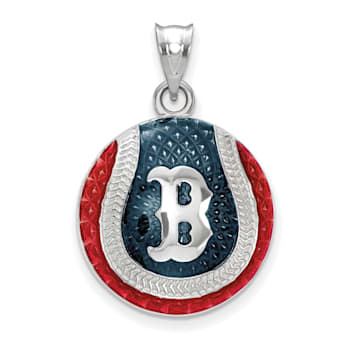 Rhodium Over Sterling Silver MLB LogoArt Boston Red Sox Enameled Pendant