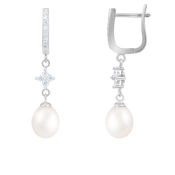 7-8mm White Cultured Freshwater Pearl and Cubic Zirconia Rhodium Over
Sterling Silver Earrings