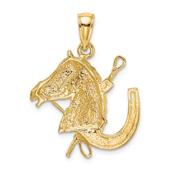 14k Yellow Gold Textured Horse Head with Shoe and Crop Pendant