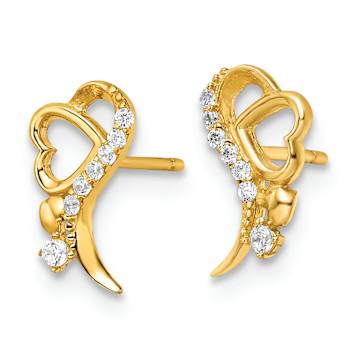 14k Yellow Gold Polished Cubic Zirconia and Heart Stud Earrings