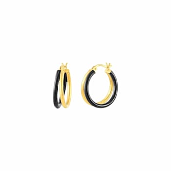 14K Yellow Gold Over Sterling Silver Double Hoop Enamel Earrings in Black