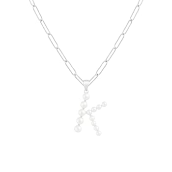 Letter K Initial Cultured Freshwater Pearl Rhodium Over Sterling Silver
Pendant With  18" Chain
