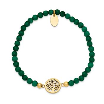 Yellow Stainless Steel Polished Tree of Life Green Jade Stretch Bracelet