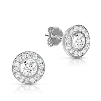 CZ Halo Stud Earrings In Sterling Silver
