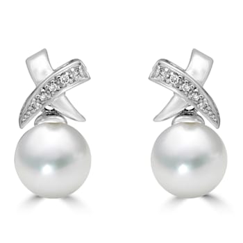 14KW 8.5-9mm  Cultured Pearl Drop Diamond Earrings