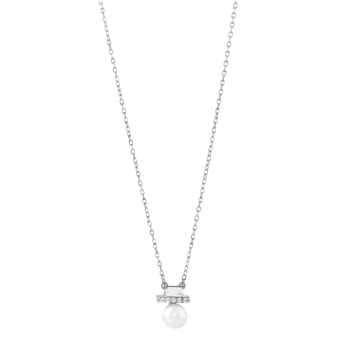 7-7.5mm Button White Freshwater Pearl and White Sapphire Sterling Silver Necklace