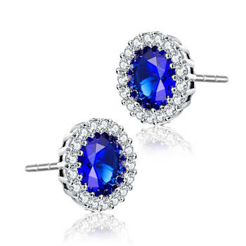 Sapphire Color CZ Halo Stud Earrings In Sterling Silver