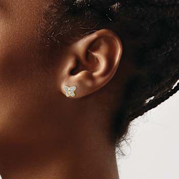 14k Yellow Gold and Rhodium Over 14k Yellow Gold Diamond Butterfly Stud Earrings
