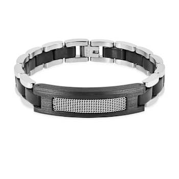 Mens Stainless Steel, Black Leather and Carbon Fiber Link Bracelet