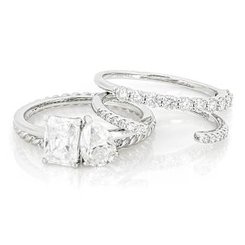 Moissanite Multi-Cut Ring Set of 3 in Platinum-Enhanced Sterling Silver