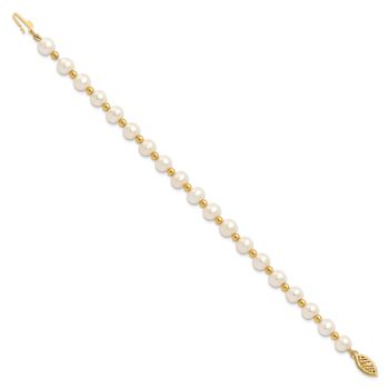 10k Yellow Gold 6-7mm White Near Round Freshwater Cultured Pearl Bead Bracelet