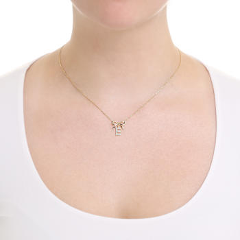 Initial E Bow CZ Necklace In 14K Gold Over Sterling Silver 0.23ctw