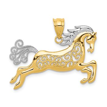 14K Yellow Gold with White Rhodium Filigree Horse Pendant