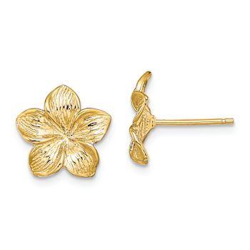 14k Yellow Gold 11.5mm Textured Plumeria Flower Stud Earrings