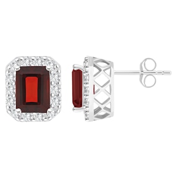8x6mm Emerald Cut Garnet And White Topaz Accent Rhodium Over Sterling
Silver Halo Stud Earrings
