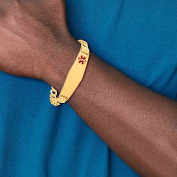 14k Yellow Gold Medical Soft Diamond Shape Red Enamel Curb Link ID Bracelet